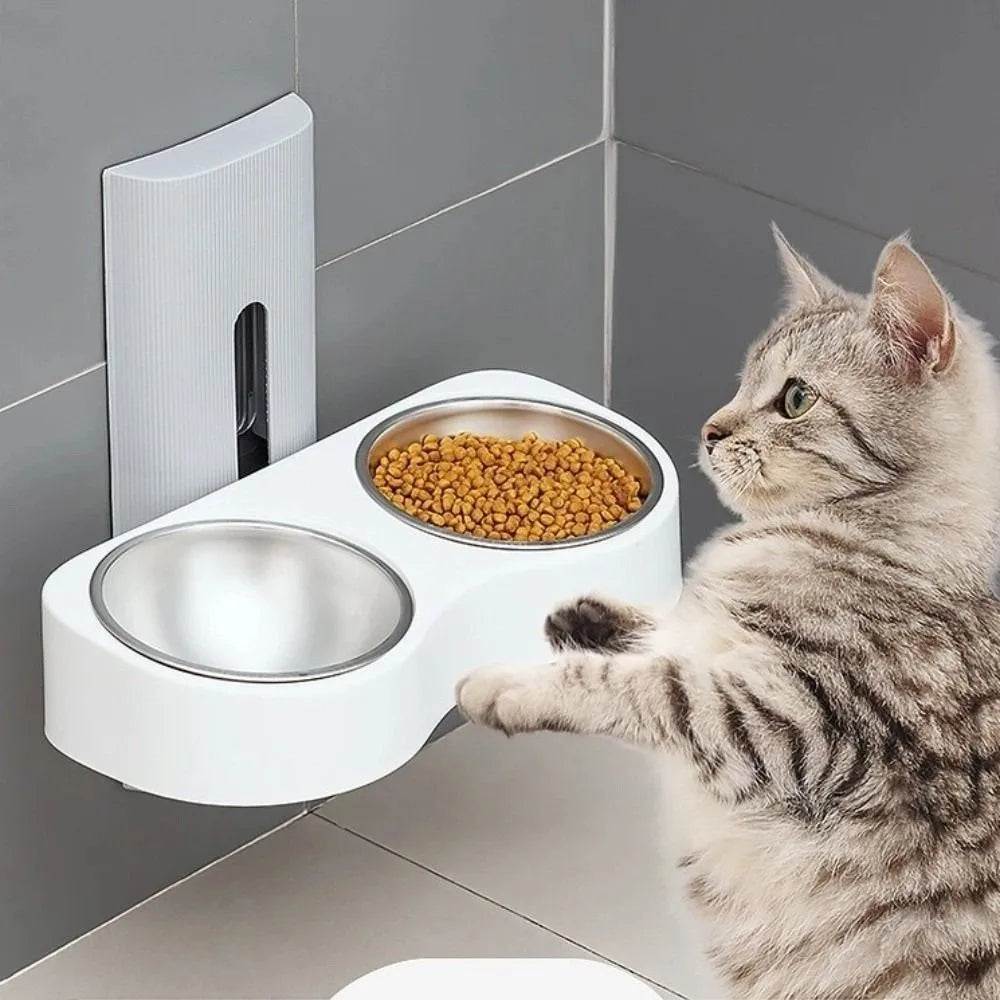 Wall Mounted Cats Watering Bowl Space Saving Height Adjustable Dog Eatting Bowl Double Bowl Neck Protection Pet Feeding Bowl